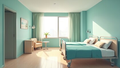 Fototapeta premium Bright empty double room in hospital with two beds. Clean modern interior design, cyan walls, white window with curtains. Concept for clinic, disease treatment, recovery, medical care, neat furniture.