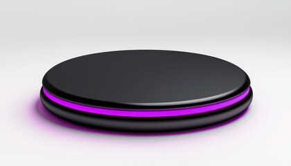 A sleek, circular device with a black surface and a glowing purple ring, set against a subtle gradient background.