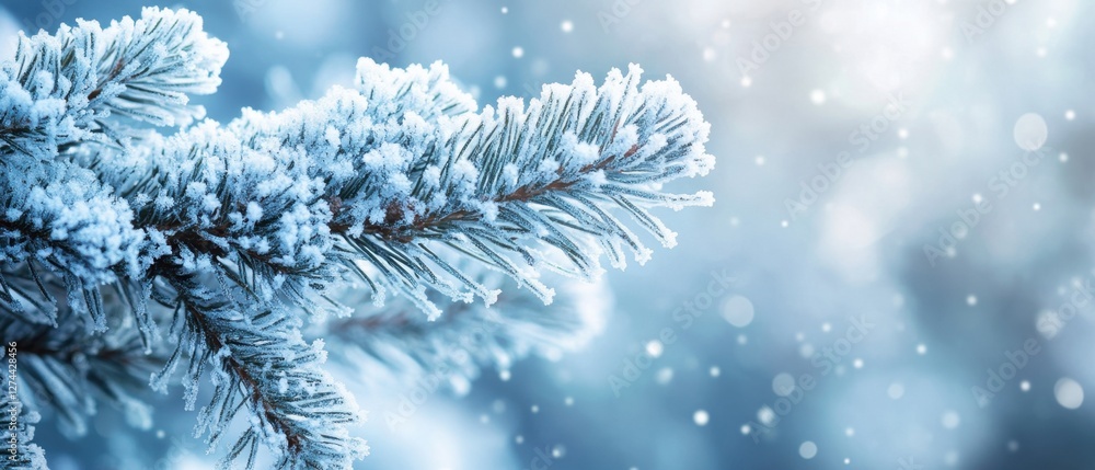 Poster enchanting winter scene of a frosted pine branch against a soft blue background with bokeh lights cr