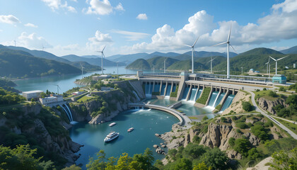 Fototapeta premium An AI-enhanced dam concept combining renewable energy solutions like wind turbines and solar farms, with advanced water management systems and a visually stunning, eco-conscious design. 