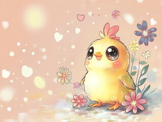 An adorable baby chick with big sparkling eyes stands among delicate flowers in a dreamy, pastel-colored background. The soft lighting, floating hearts, and gentle glow create a warm atmosphere. 