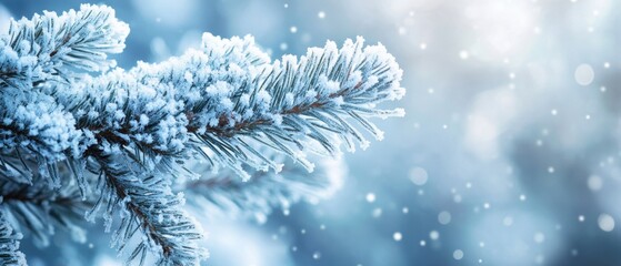 Enchanting winter scene of a frosted pine branch against a soft blue background with bokeh lights creating a serene and magical atmosphere
