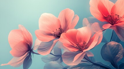 a close-up shot of several delicate pink flowers, with a soft focus effect, set against a serene background