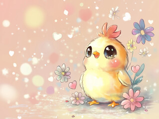 An adorable baby chick with big sparkling eyes stands among delicate flowers in a dreamy, pastel-colored background. The soft lighting, floating hearts, and gentle glow create a warm atmosphere. 