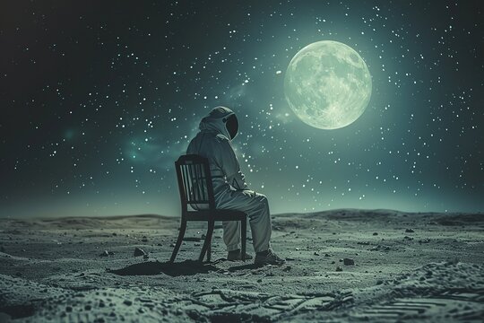 Spaceman sitting on chair and looking at the moon, Ai Generated