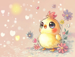 An adorable baby chick with big sparkling eyes stands among delicate flowers in a dreamy, pastel-colored background. The soft lighting, floating hearts, and gentle glow create a warm atmosphere. 