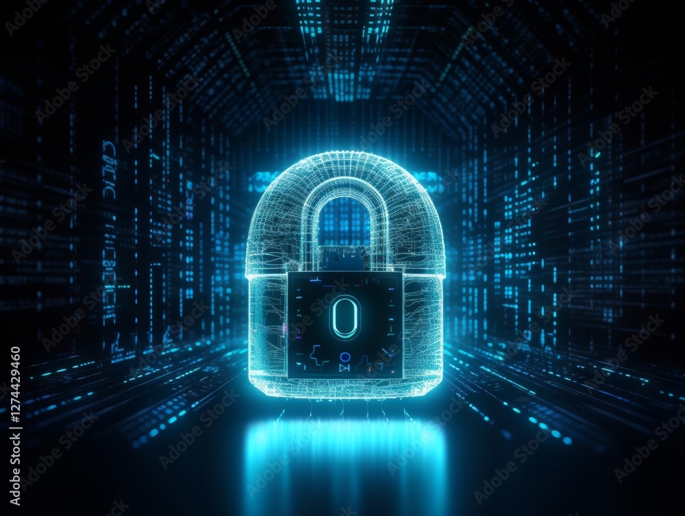 Poster futuristic digital padlock surrounded by encrypted code and holographic firewalls in cyber network