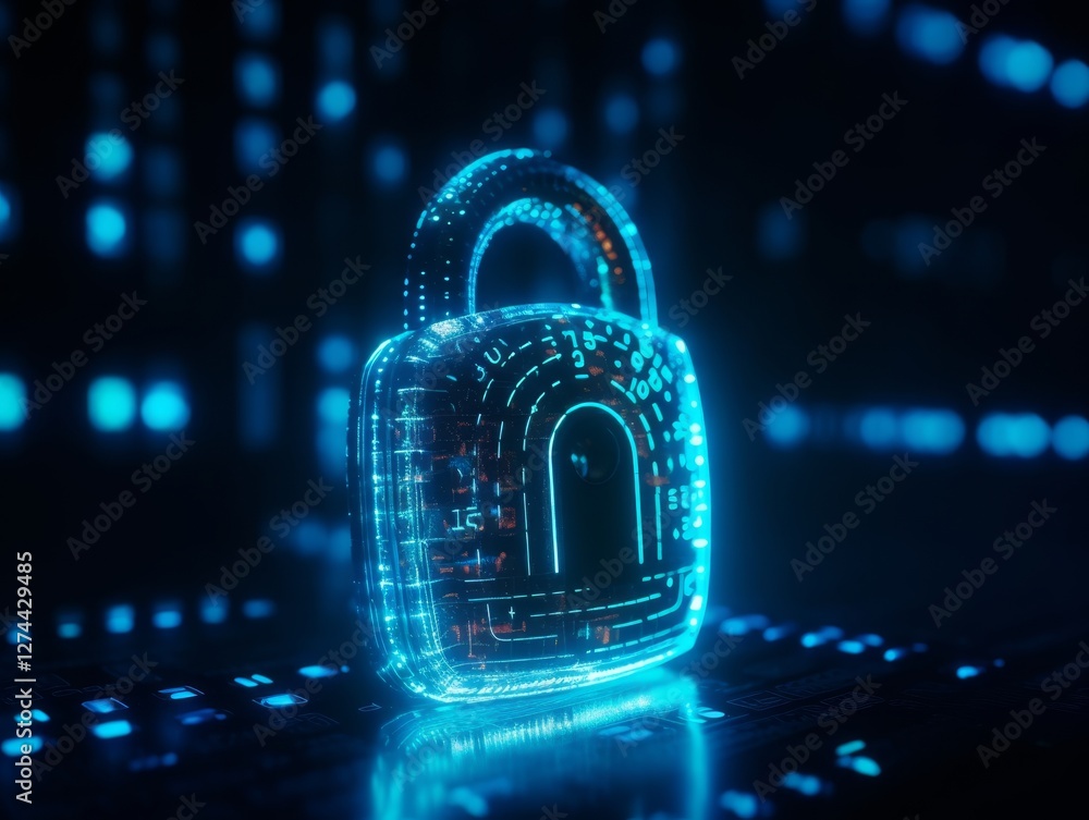Poster futuristic digital padlock surrounded by encrypted binary code and holographic firewalls