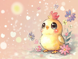 An adorable baby chick with big sparkling eyes stands among delicate flowers in a dreamy, pastel-colored background. The soft lighting, floating hearts, and gentle glow create a warm atmosphere. 