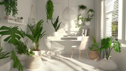 Bright home office with plants, sunlight, minimalist decor