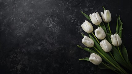 mourning white tulips on a black background.