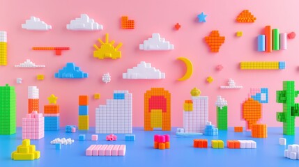 plastic blocks forming whimsical pixelated cityscape with floating white clouds on pastel pink background copyspace concept of marketing, creative design