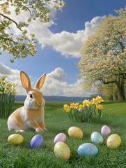 A cute Easter bunny sits on lush green grass, surrounded by colorful decorated eggs. The scene is set in a beautiful spring garden with blooming flowers and a bright blue sky.