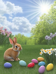 A cute Easter bunny sits on lush green grass, surrounded by colorful decorated eggs. The scene is set in a beautiful spring garden with blooming flowers and a bright blue sky.