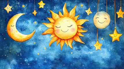 Happy celestial elements with cartoon-style faces A fun watercolor painting of a beaming sun, sleepy moon, and twinkling stars.