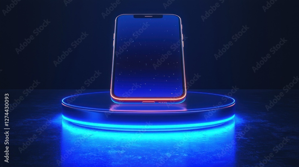 Poster modern smartphone displayed on illuminated platform