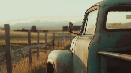 Rustic Teal Vintage Truck at Sunset in Rural Landscape