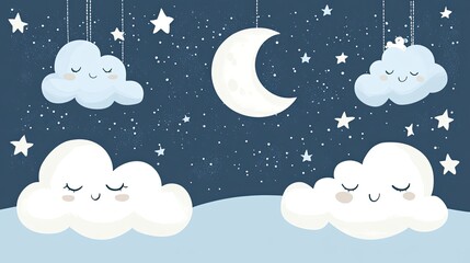 Magical cartoon-style celestial illustration in soft tones A whimsical watercolor night sky with adorable fluffy clouds.