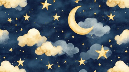 Magical cartoon-style celestial illustration in soft tones A whimsical watercolor night sky with adorable fluffy clouds.