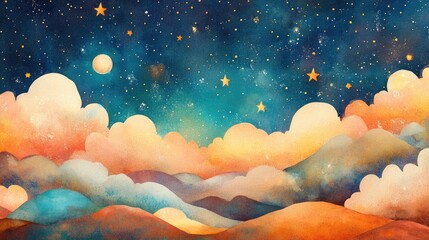 Magical cartoon-style celestial illustration in soft tones A whimsical watercolor night sky with adorable fluffy clouds.