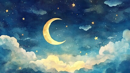 Magical night sky with sleeping moon and floating stars A gentle scene of a sleepy crescent moon nestled among soft watercolor clouds with shining stars.