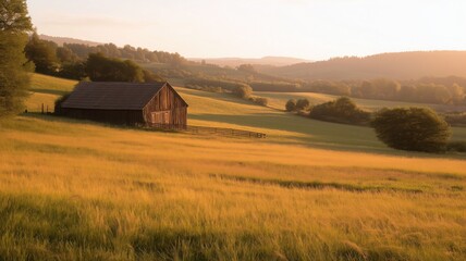 Rustic Barn in Golden Wheat Field at Sunset