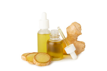 Ginger essential oil isolated on white background. Fresh ginger slices. Essence, serum, oil....