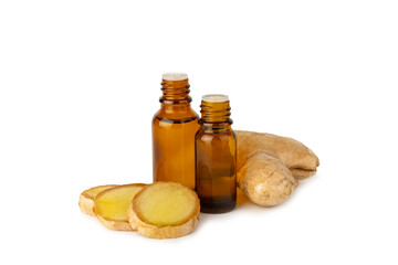 Ginger essential oil isolated on white background. Fresh ginger slices. Essence, serum, oil....