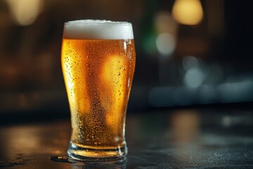 Close up of a chilled beer glass with condensation droplets in macro photography style