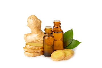Ginger essential oil isolated on white background. Fresh ginger slices. Essence, serum, oil....