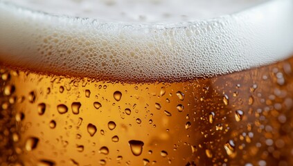 Macro photography of a cold beer with foam and droplets on glass against a neutral background