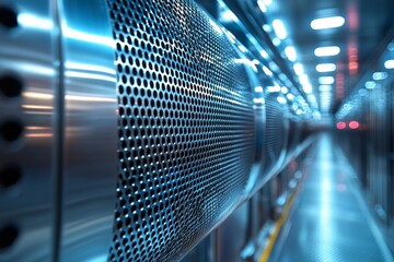 Close up of an aluminum ventilation system showcasing light reflections and sharp textures