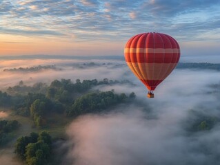 Naklejka premium Serene Sunrise Flight over Misty Forest with Red and White Hot Air Balloon Adventure Landscape Scenery