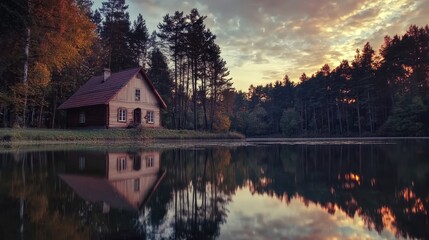 Fototapeta premium Cinematic view of a tranquil wooden house by the lake at dusk with dreamy, serene lighting
