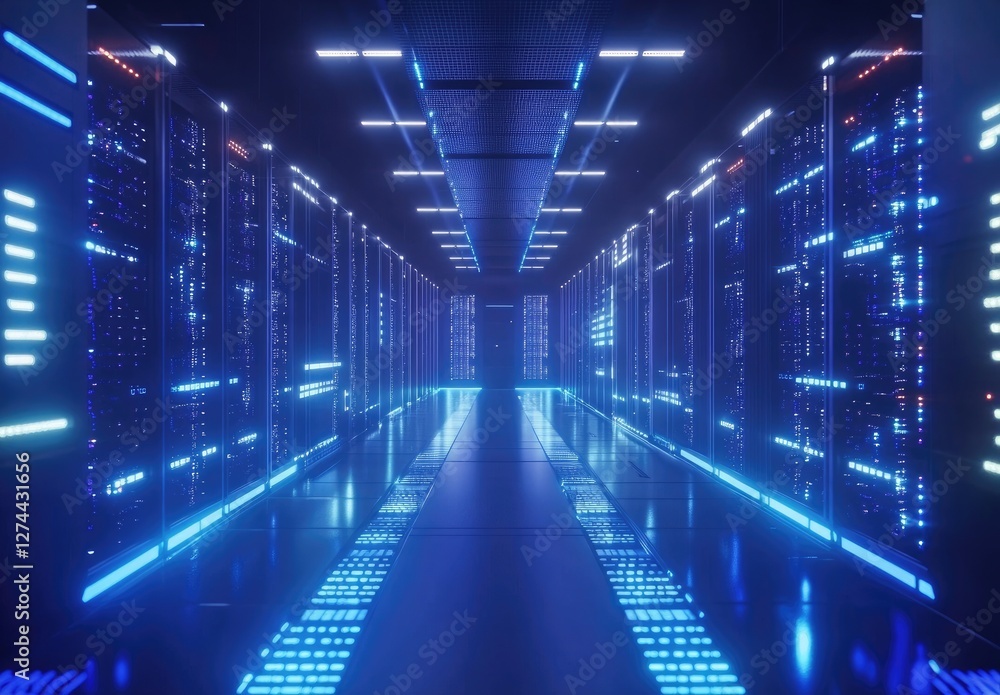 Poster High-tech data center with glowing blue server racks and illuminated pathways, creating a futuristic atmosphere. Ideal for cybersecurity, cloud computing, IT infrastructure, and digital storage