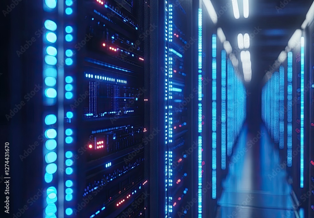 Poster Close-up of illuminated server racks in a futuristic data center with glowing blue lights. Ideal for cybersecurity, cloud computing, and IT infrastructure