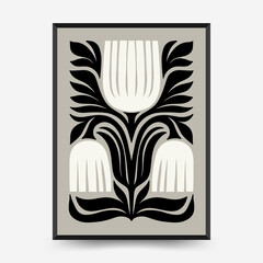 Abstract dark floral posters template. Modern trendy Matisse minimal style. Black and white colors. Hand drawn design for wallpaper, wall decor, print, postcard, cover, template, banner.