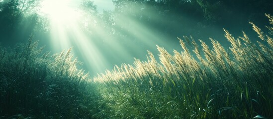 Fototapeta premium Sunbeams illuminating tall grass in a misty forest.
