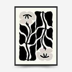 Abstract dark floral posters template. Modern trendy Matisse minimal style. Black and white colors. Hand drawn design for wallpaper, wall decor, print, postcard, cover, template, banner.