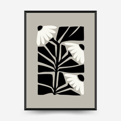 Abstract dark floral posters template. Modern trendy Matisse minimal style. Black and white colors. Hand drawn design for wallpaper, wall decor, print, postcard, cover, template, banner. © KozyPlace