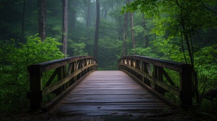 Fototapeta premium Misty Forest Bridge: A Serene Path Through Nature's Embrace