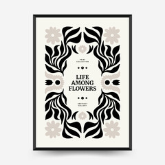 Abstract dark floral posters template. Modern trendy Matisse minimal style. Black and white colors. Hand drawn design for wallpaper, wall decor, print, postcard, cover, template, banner.