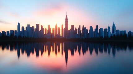 Fototapeta premium city skyline reflection on calm river, sunset glow