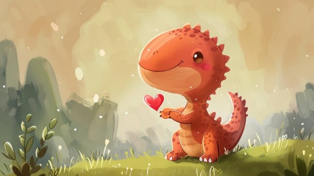 dinosaur with heart in paws illustration.