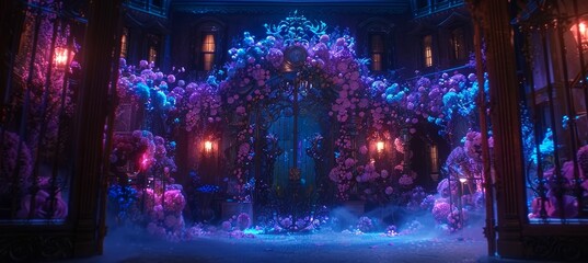 Obraz premium Enchanting hidden garden beyond wrought iron gate with flowers glowing in magical hues