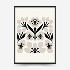 Abstract dark floral posters template. Modern trendy Matisse minimal style. Black and white colors. Hand drawn design for wallpaper, wall decor, print, postcard, cover, template, banner.