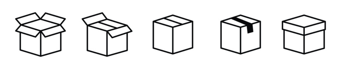 Box icons set.Shipping, delivery box or container icons. Carton box simple icon collection. Delivery symbol Empty open shipping box or unboxing line art