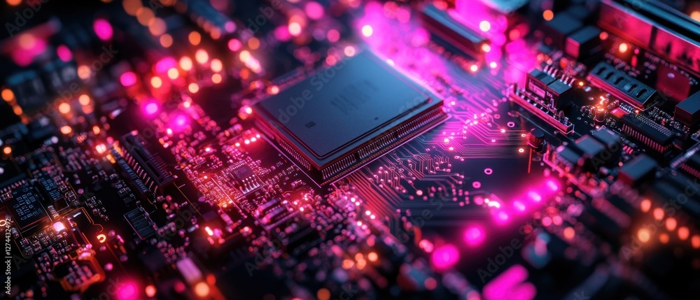 Poster high tech motherboard with glowing pink and blue lights representing advanced technology and compute