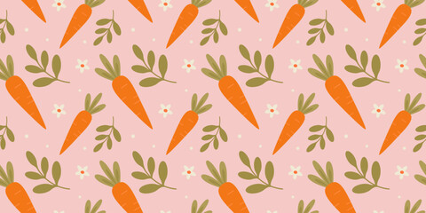 Cute carrot seamless pattern with leaves and flowers in pastel colors. Vector illustration