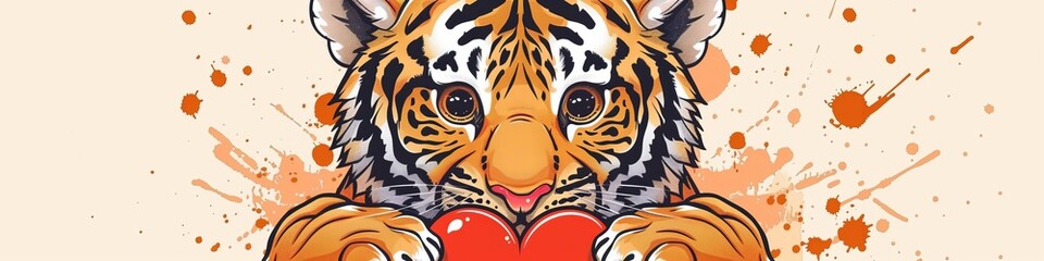 tiger with heart in paws illustration.